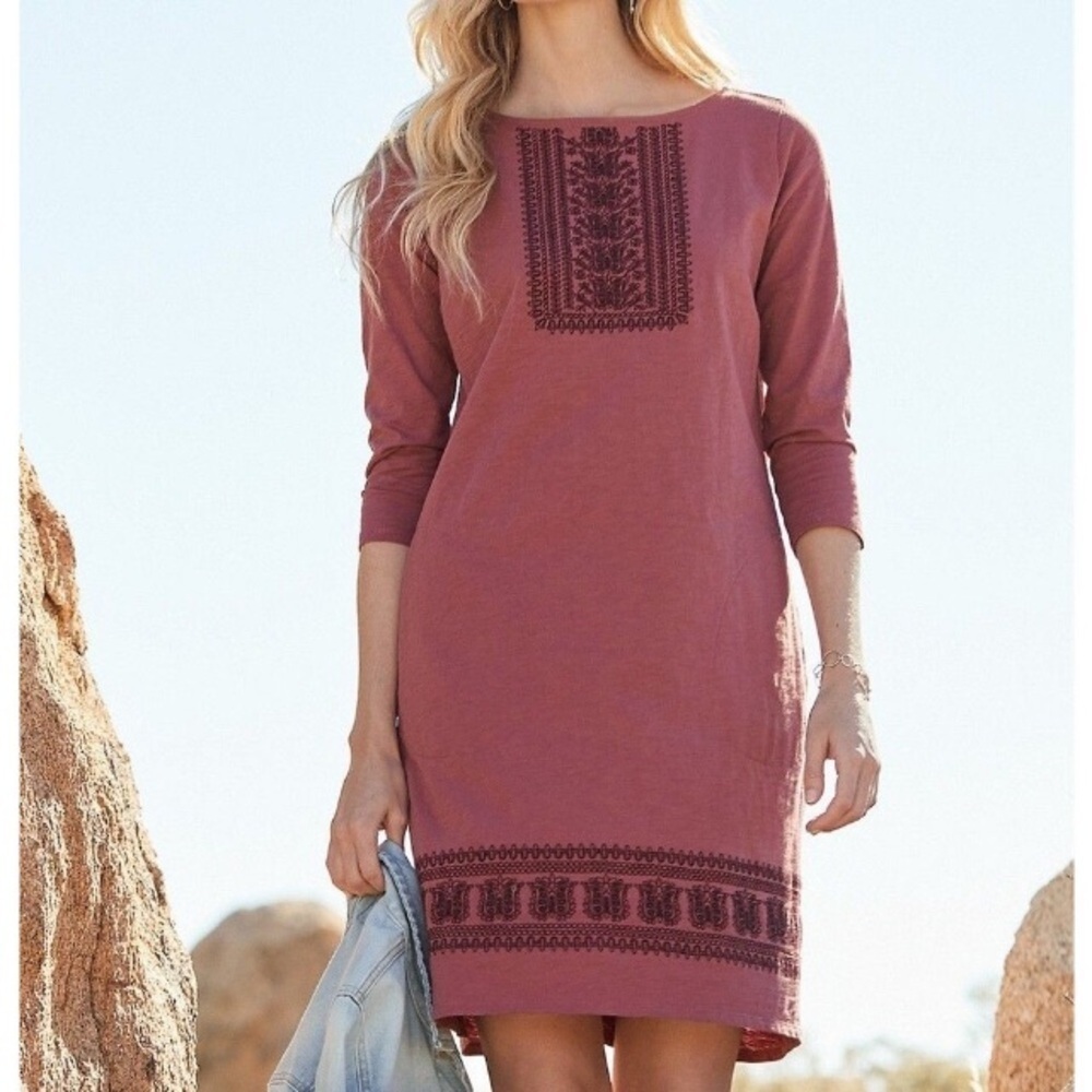 Garnet Hill Women’s Embroidered Boatneck Knit Shift Dress Sz M Boho Scandi Girl